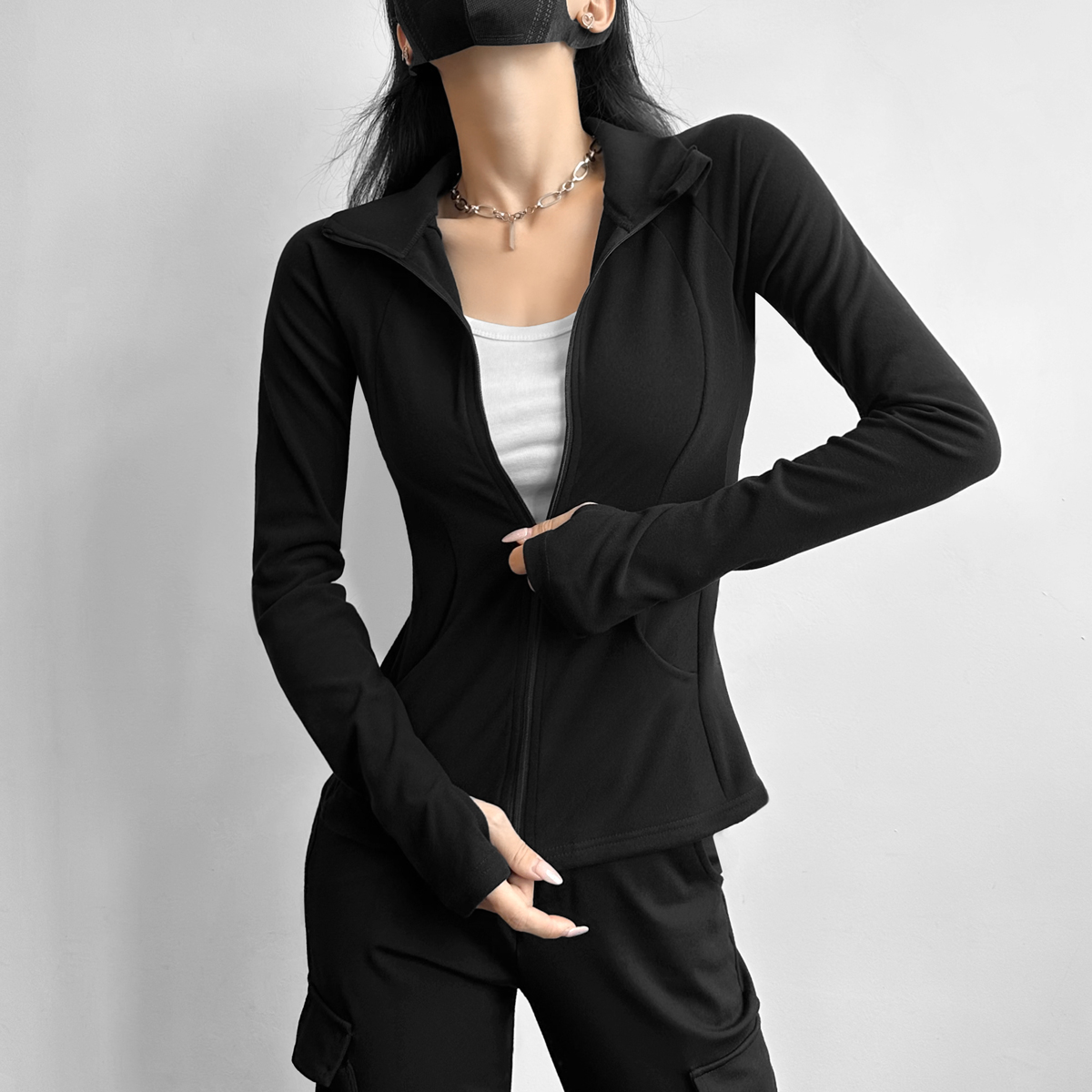 唐造2025秋季新款美式高领显瘦百搭拉链款长袖T恤女开衫外套3077