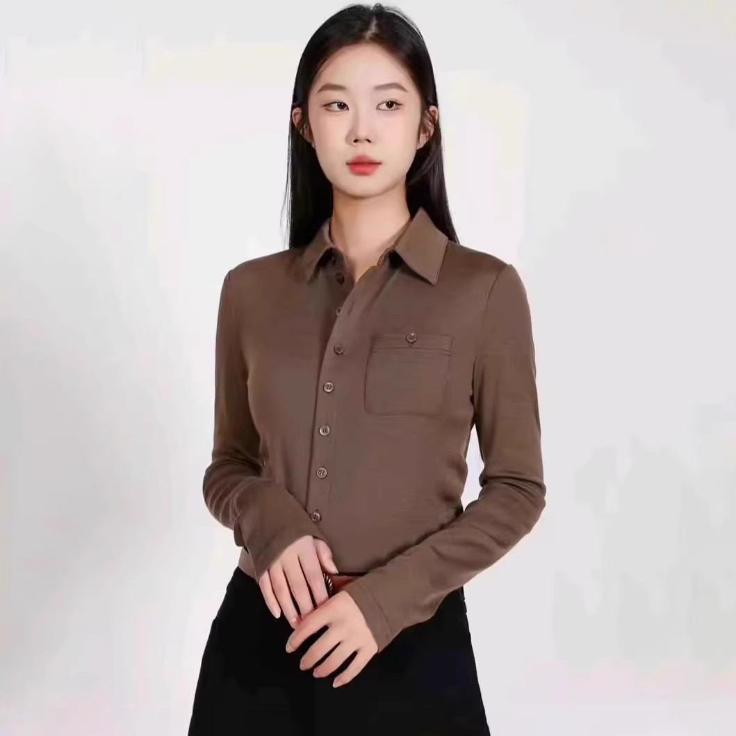 哥家真的好2024秋冬季新款翻领修身百搭绵羊毛长袖衬衫新款衬衣女