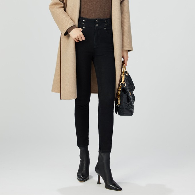 2024春秋新款高腰加绒保暖双腰头小脚牛仔裤女裤A100160