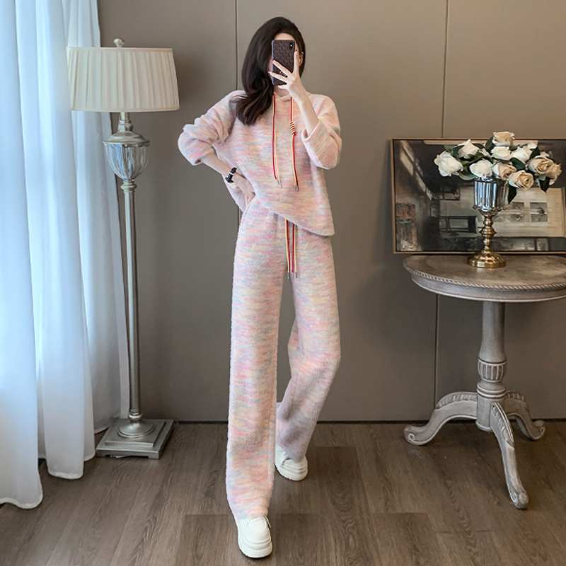 秋冬新款网红炸街时尚休闲运动套装女粉色连帽卫衣阔腿裤两件套潮