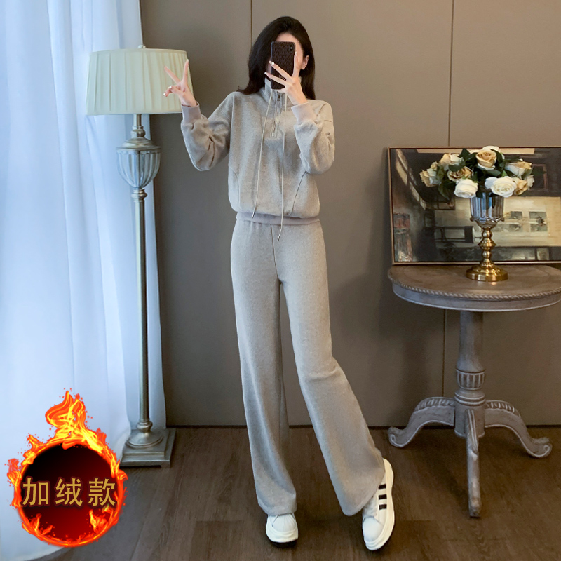 时尚洋气休闲运动套装女秋冬新款加绒立领加厚卫衣阔腿卫裤两件套