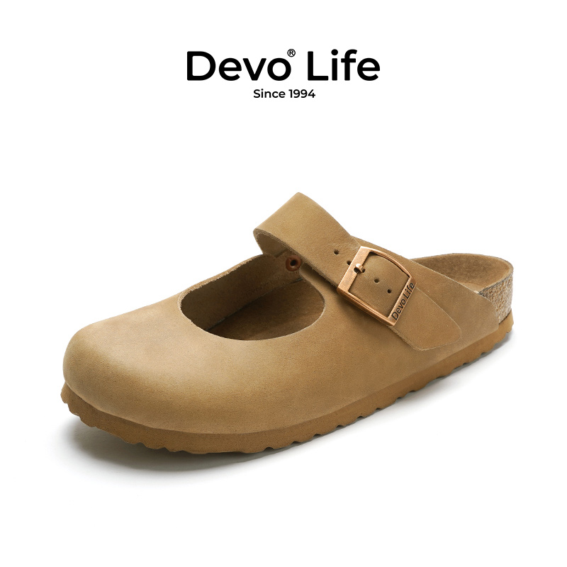 Devo/的沃勃肯鞋女款软木鞋包头外穿复古一脚蹬套脚半包拖鞋24009