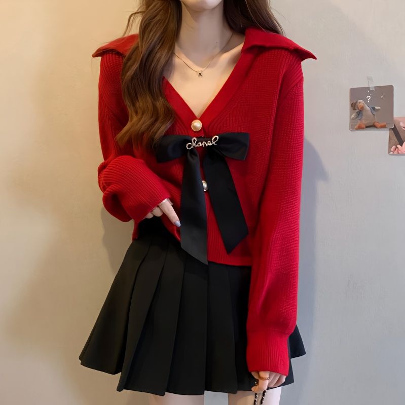 单件/套装圣诞节红色针织衫毛衣女秋冬蝴蝶结v领上衣百褶裙两