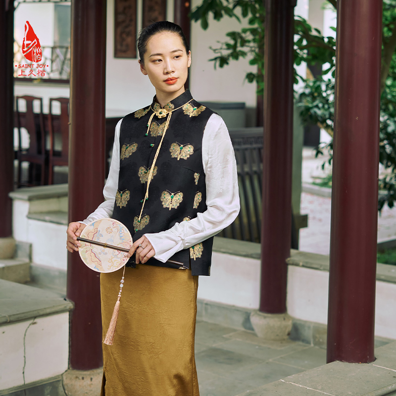 上久楷宋锦新中式百搭轻奢气质端庄女装马甲黑金蝴蝶CY1044207005
