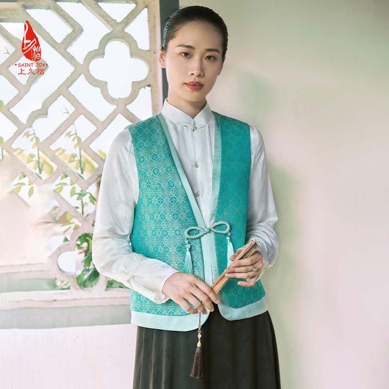 上久楷宋锦女款马甲绿定胜 菱纹定胜 复古 DWS24014