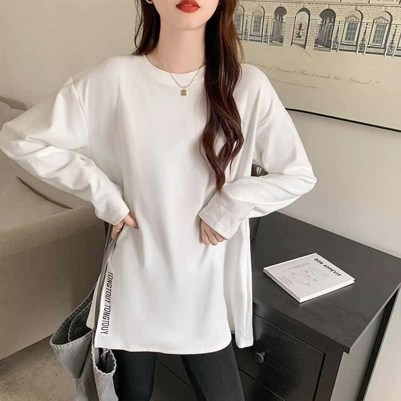 笛岸莱茵韩版开叉打底衫女春秋季刺绣中长款百搭长袖内搭上衣T恤