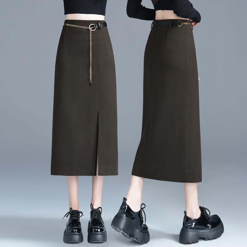 毛呢秋冬秋季半身裙新款链条高腰裙子时尚开叉显瘦半身裙百搭气质