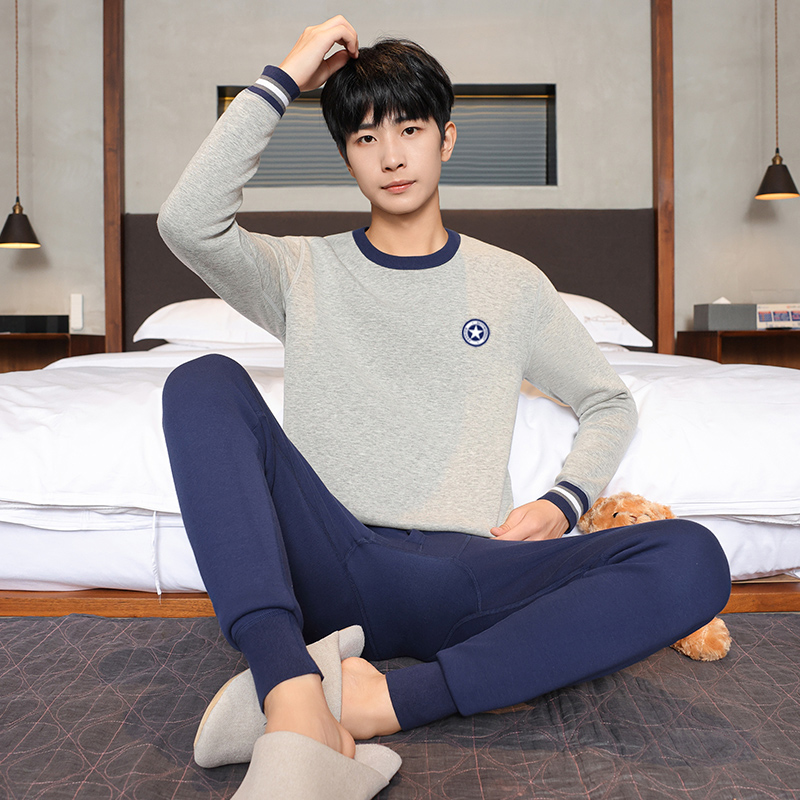 青少年加绒加厚秋冬保暖内衣男士套装可外穿防寒冬季圆领保暖衣男