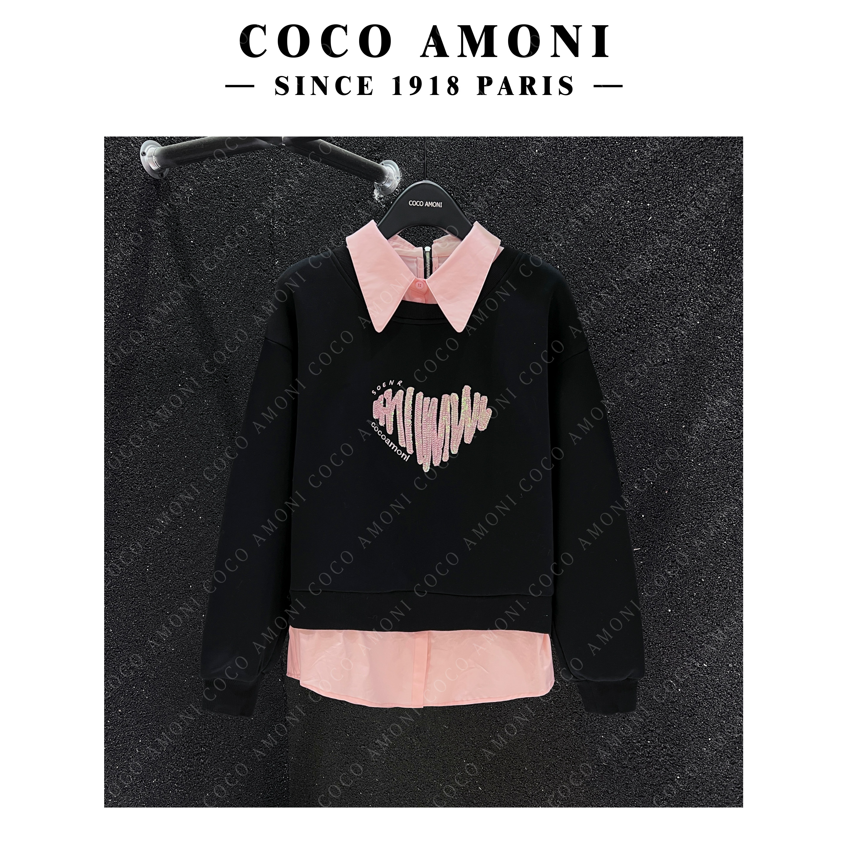 爱心字母刺绣翻领假两件卫衣休闲百搭长袖个性上衣女AB282