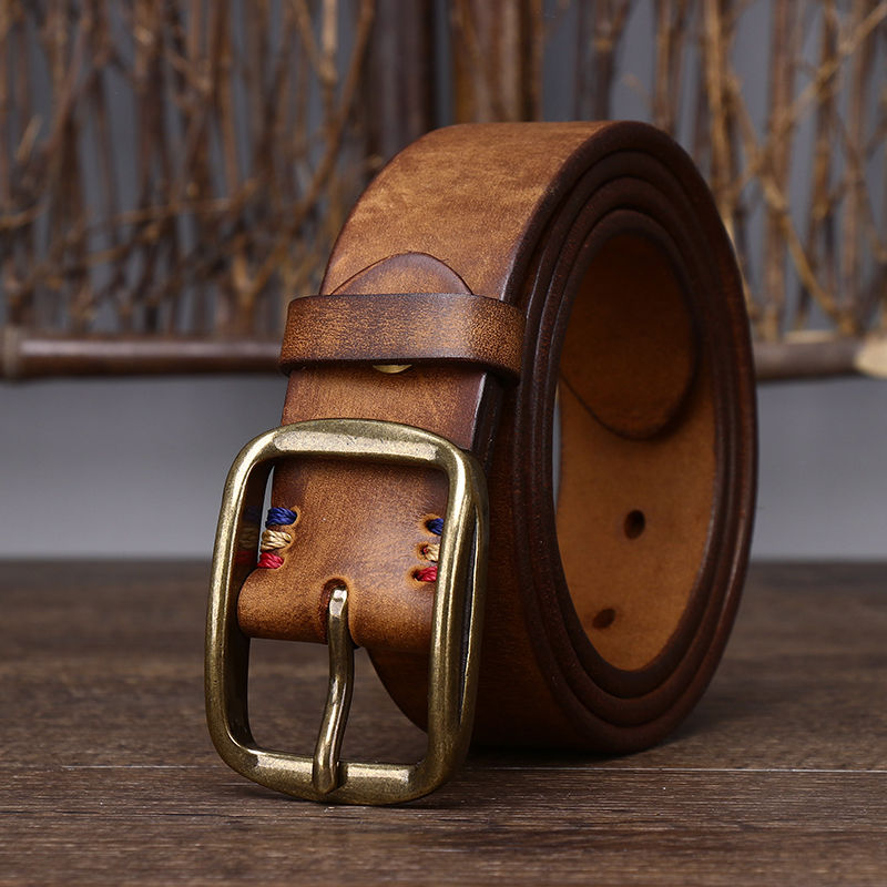 阿美咔叽工装裤带复古手工男士皮带头层纯牛皮铜扣牛仔裤真皮腰带