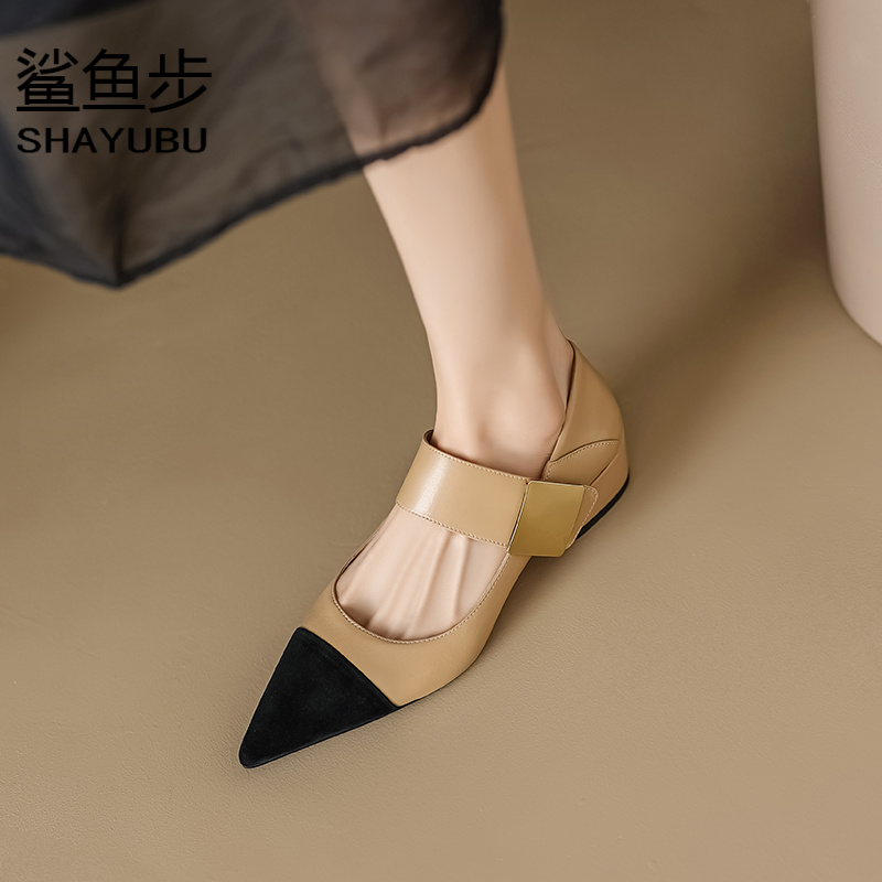 百搭平底SHAYUBU 巨显瘦低跟拼色玛丽珍鞋女气质小香风粗高跟单鞋