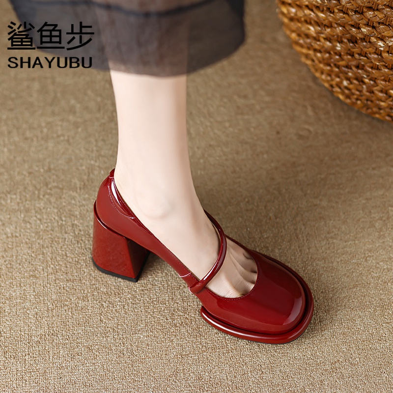 小香风平底shayubu 绝美圆头气质玛丽珍鞋女百搭酒高跟粗小众中跟