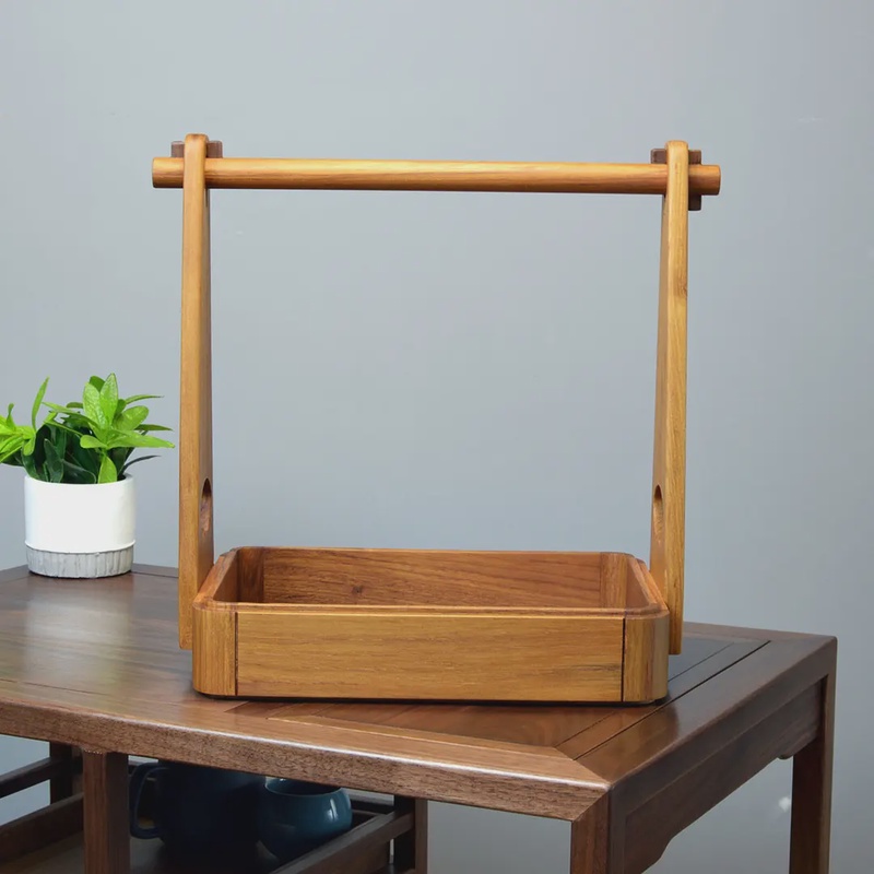 缅甸柚木提梁盒 新中式实木家用果盘收纳 茶室沥水架 提篮盒国风