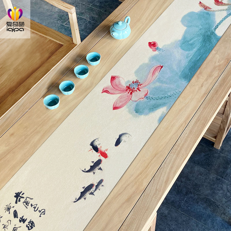 张大千荷花中式茶席防水禅意麻布布艺茶桌布茶几垫布茶布桌旗茶旗