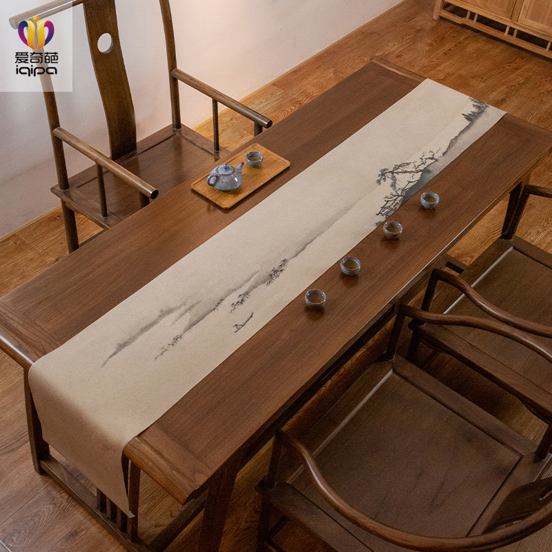 山水画新中式桌旗防水茶席垫子中国风水墨画茶桌垫布桌布禅意茶旗