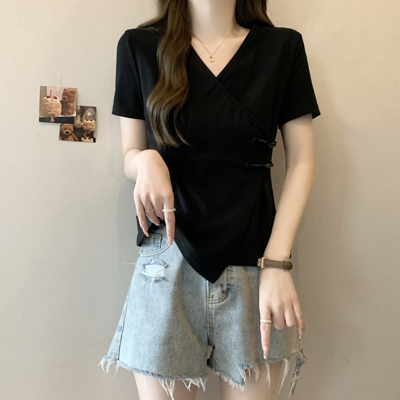 新中式国风盘扣v领短袖t恤女夏装大码胖妹妹遮肚子显瘦不规则上衣