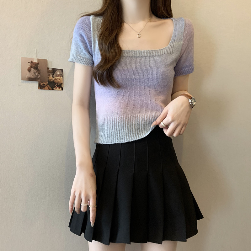 大码女装渐变色方领冰丝针织衫短袖t恤胖mm遮肚子显瘦短款上衣女