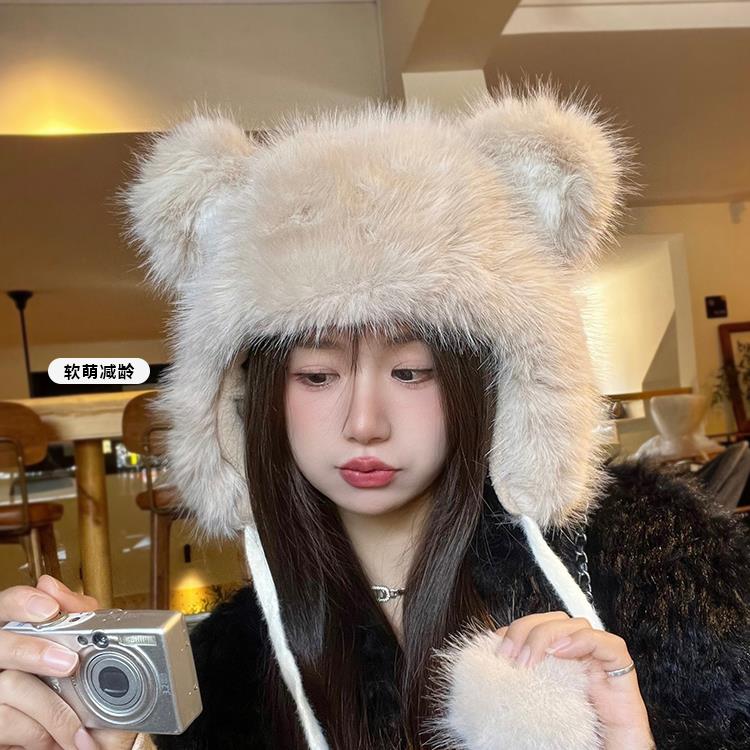 派迪盛熊耳朵毛绒帽子女冬季仿貂毛加绒保暖护耳帽防寒骑行雷锋帽