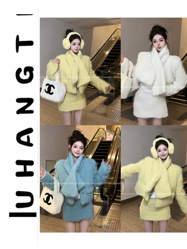 【小说女主】韩版新款时尚夹羽绒外套围巾+高腰半身裙套装