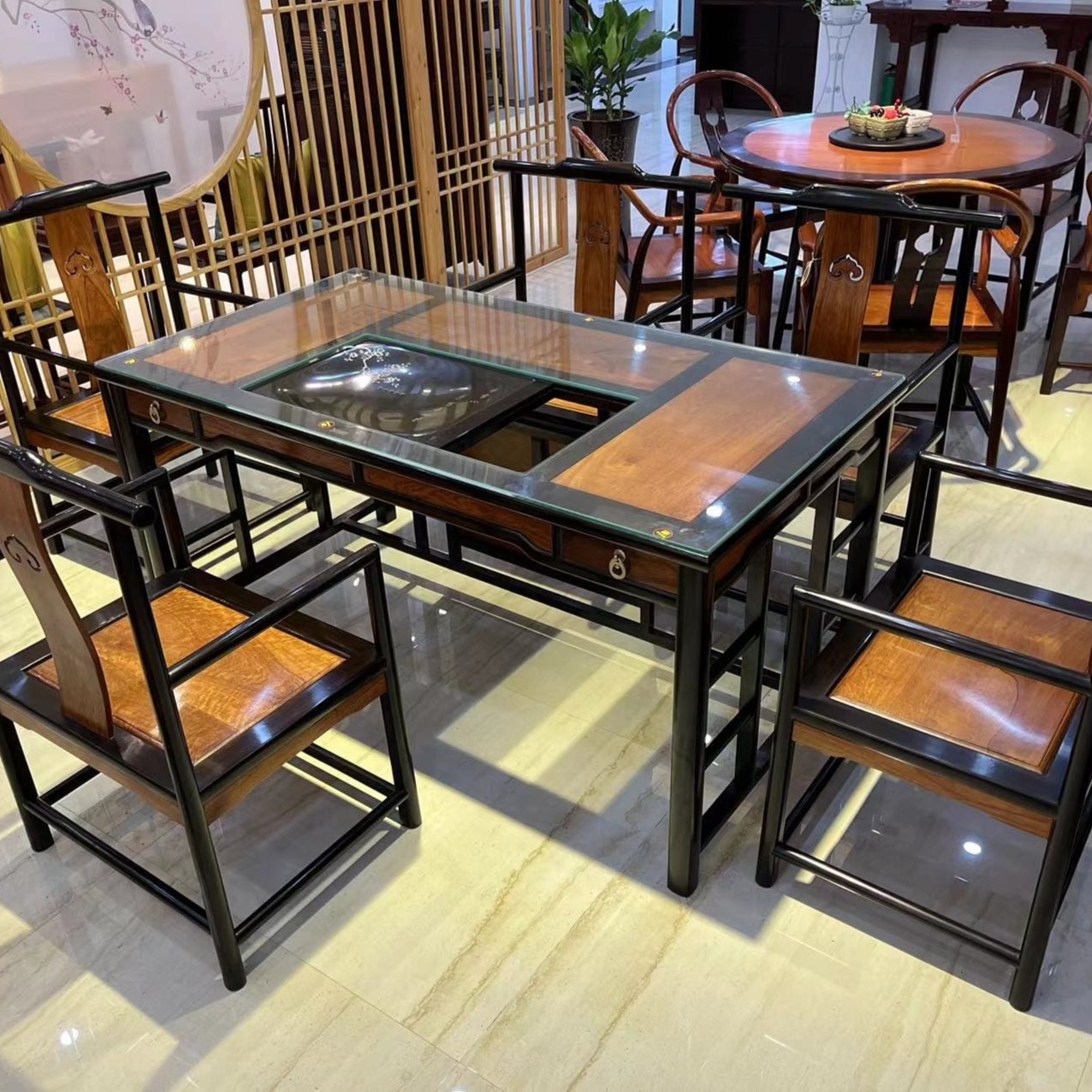 东方古典大果紫檀镶嵌紫光檀泡茶桌六件套 厂家直销成套家具品牌