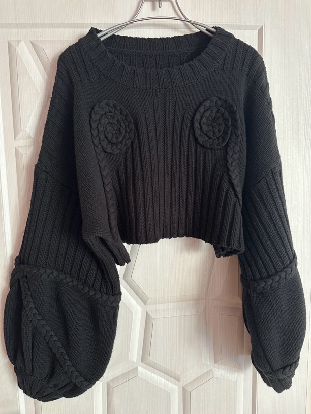 个性宽松休闲灯笼袖短款毛衣长袖网红针织时尚百搭黑色圆领韩版