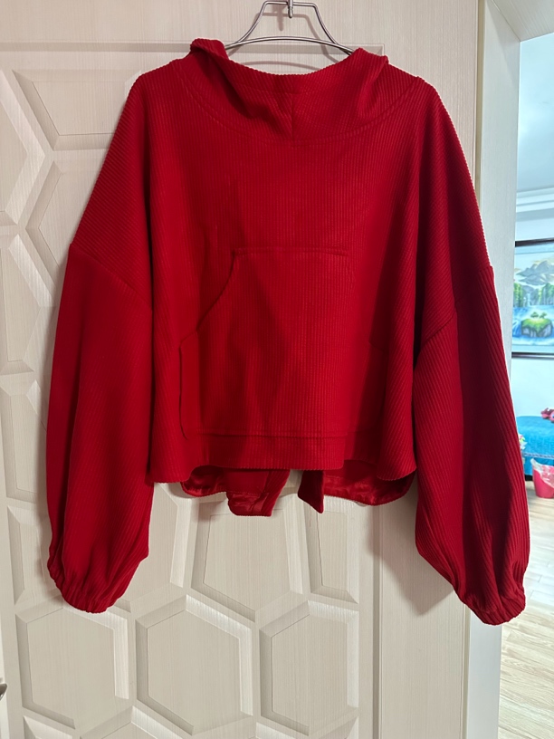 个性灯芯绒红色连帽卫衣女秋冬宽松休闲长袖套头上衣显瘦运动针织