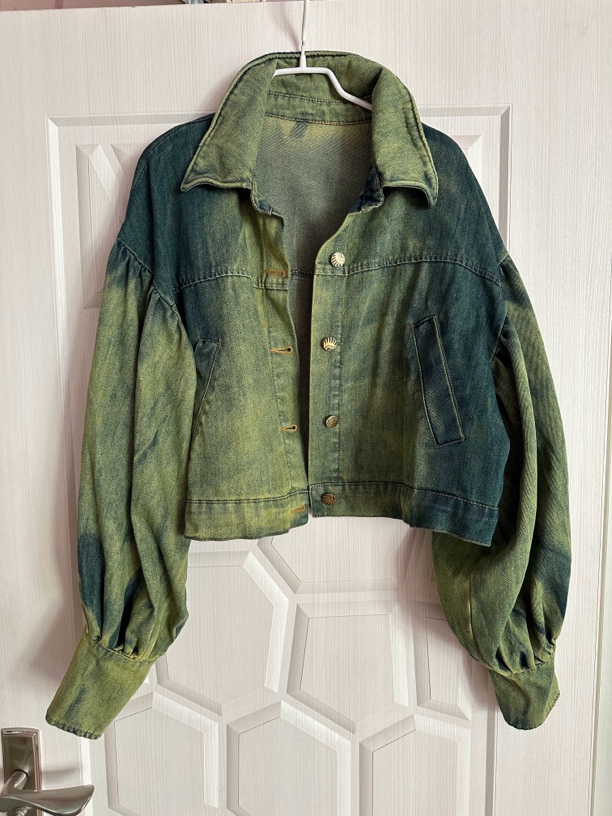 复古绿色牛仔短外套时尚潮流设计感夹克上衣春秋长袖短款休闲百搭