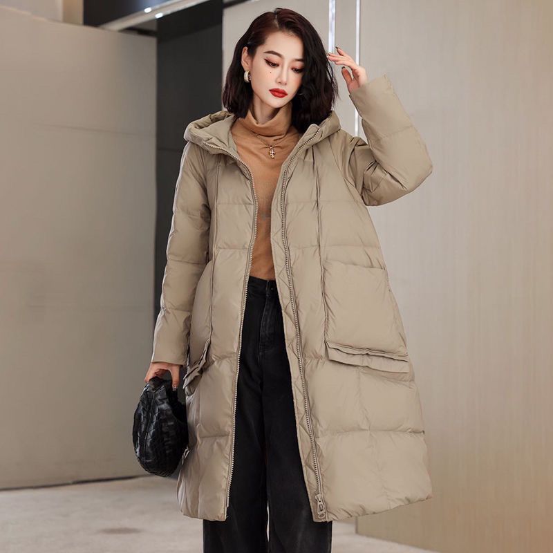 百搭保暖羽绒服女口袋花边时尚复古新款过膝连帽大码显瘦长款休闲