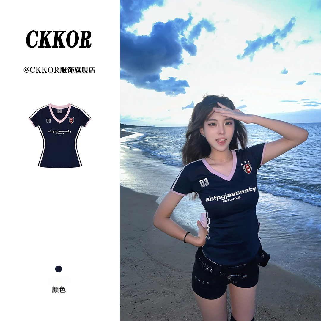CKKOR美式时尚百搭字母印花ins短袖t恤女收腰显瘦辣妹装V领-223#T