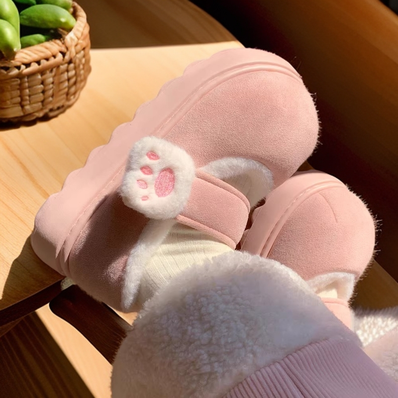可爱猫爪魔术贴棉鞋新款冬天加绒厚底单鞋少女心保暖圆头豆豆鞋