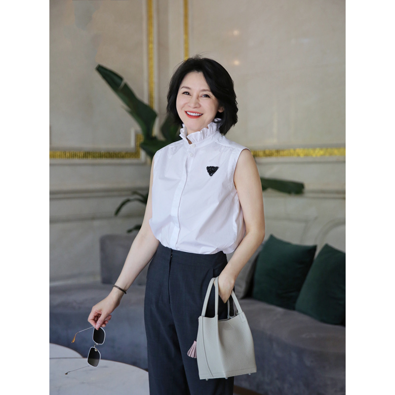 我是摩羯 经典延续 精致三角钉珠花边领纯棉通勤夏无袖上衣衬衣