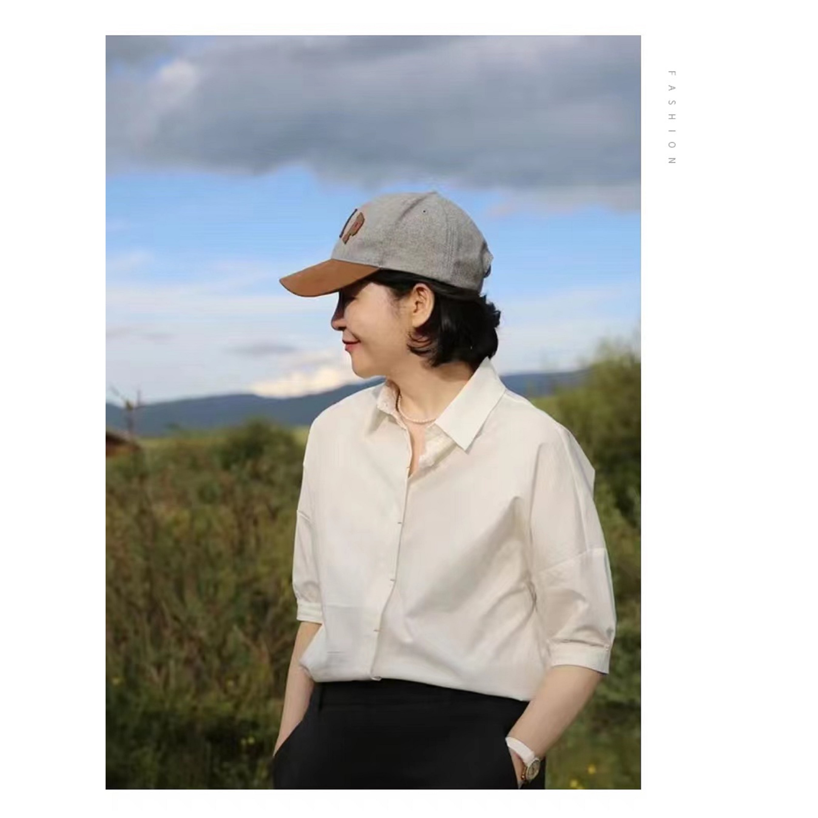 我是摩羯 栀子花开  高支棉花苞袖设计感简约白衬衣翻领短袖衬衫