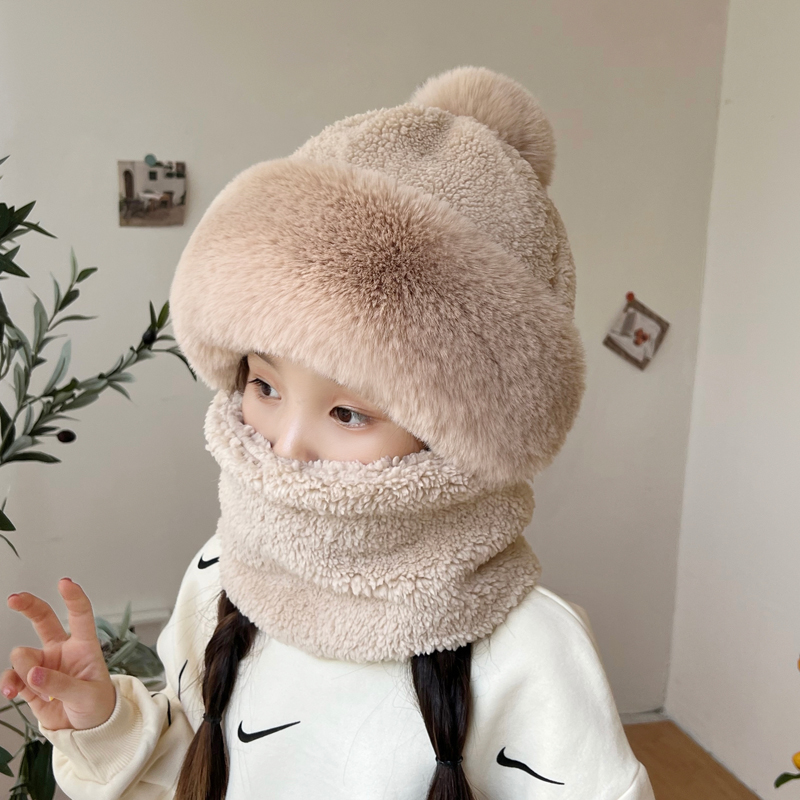 儿童帽子加绒加厚遮脸套头帽护耳防风帽保暖围脖一体包头帽女冬季