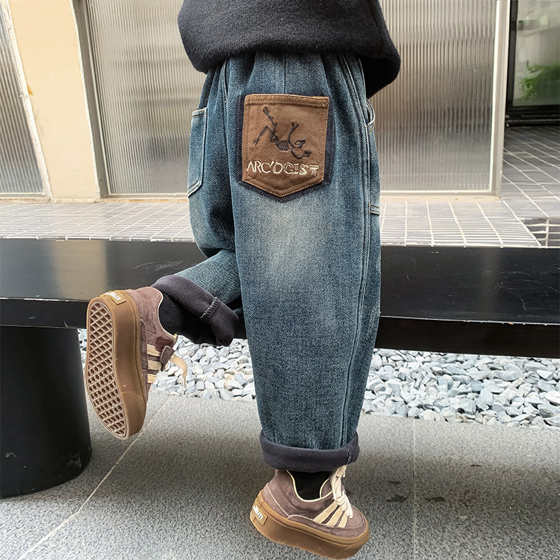 男童裤子冬装2023新款儿童秋冬季男孩加绒加厚一体绒宝宝牛仔裤潮
