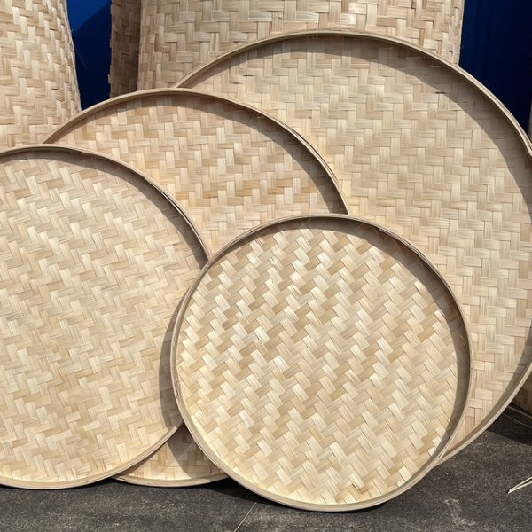 竹编簸箕圆形竹筛子绘画圆筛晾晒盘创意装饰平盖手工编织厂家批发
