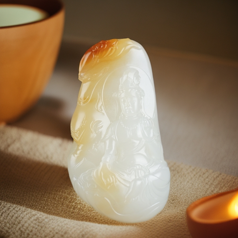 且末糖白普贤观音男士精雕俏色巧雕手工雕刻