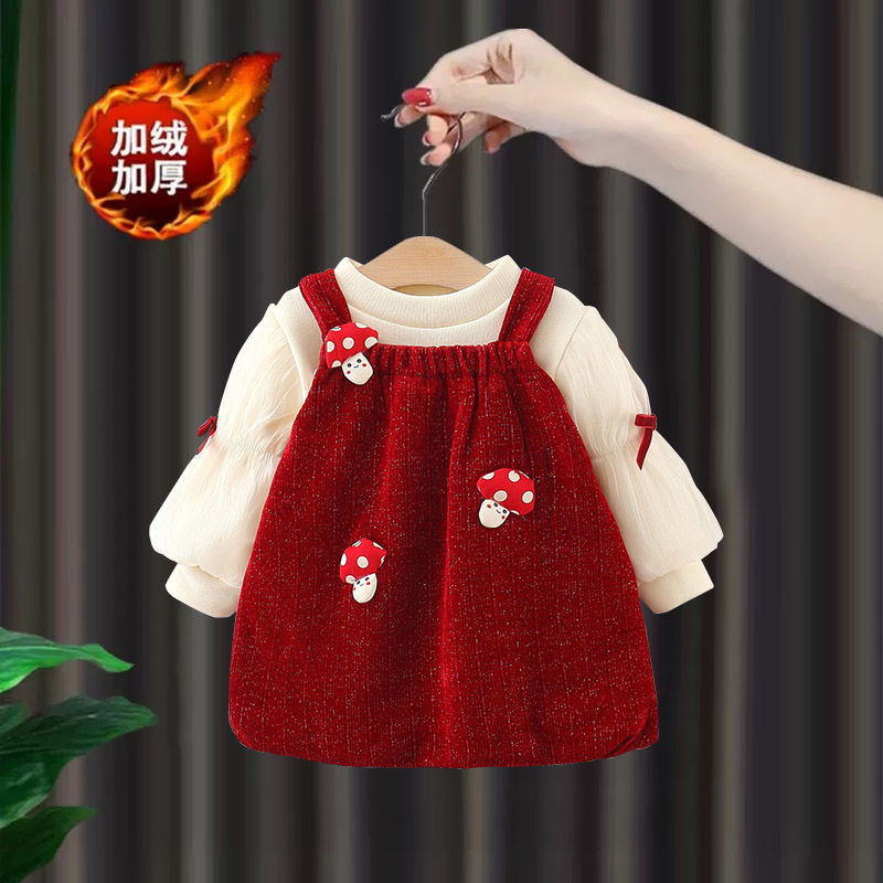 女童秋冬加绒加厚连衣裙两件套小女孩背带裙套装拜年服公主裙1岁2