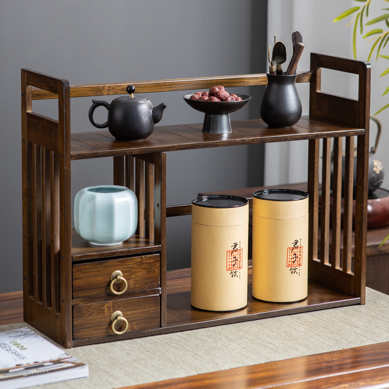 茶室置物架实木桌面多层博古架小型中式茶具收纳层架放茶叶的架子