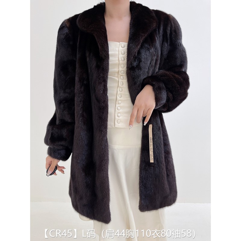 【CR45】L码 棕黑色宝嘉美中长款貂皮大衣皮草外套 翻领泡泡袖
