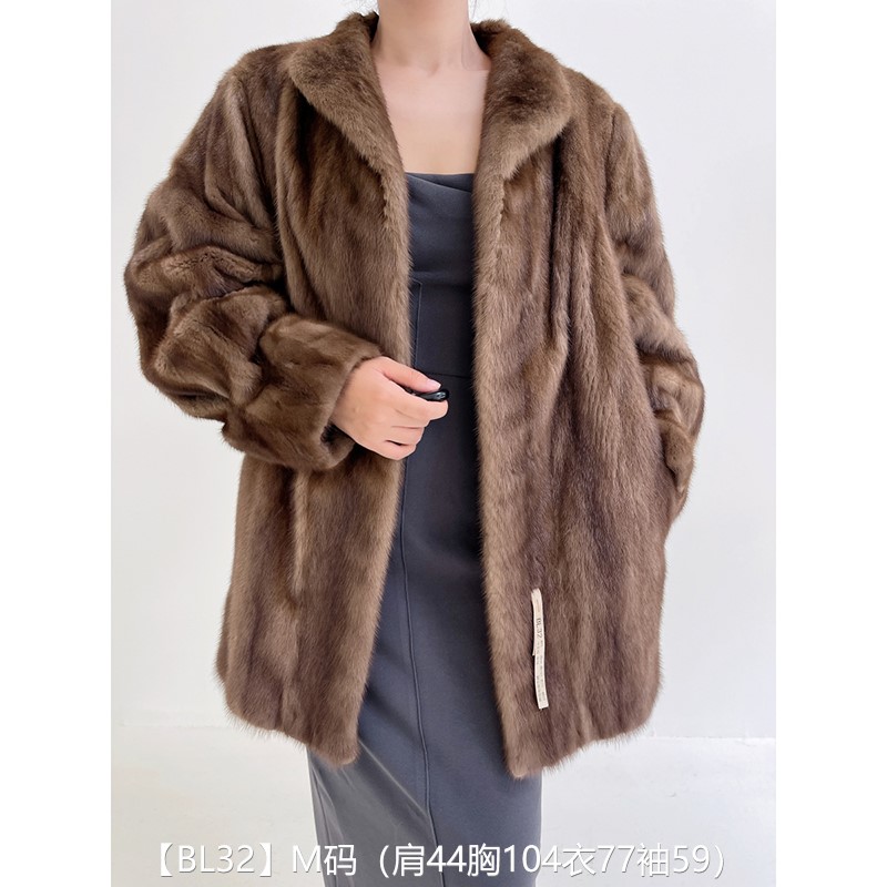 【BL32】M码 冷茶棕全抽中长款貂皮大衣中古皮草 翻立领泡泡袖