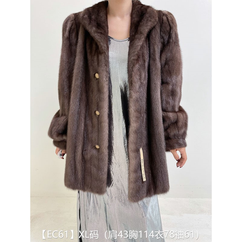 【EC61】XL码 拿铁灰全抽中长款貂皮大衣皮草外套 翻领泡泡袖