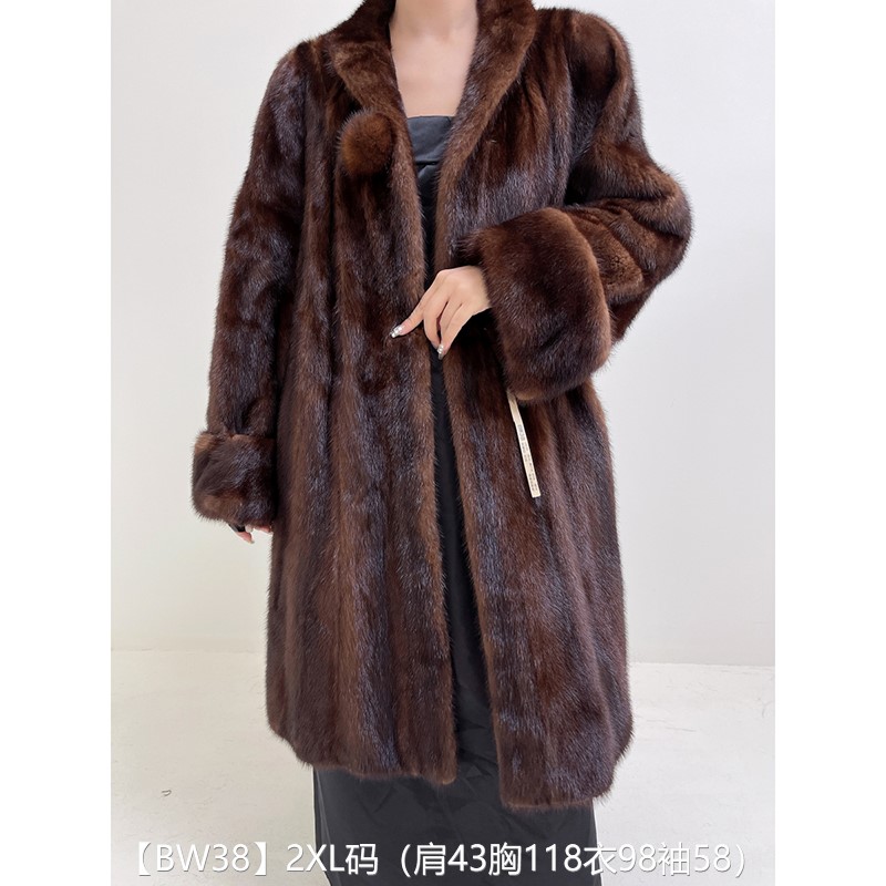 【BW38】2XL码 焦糖棕全抽长款貂皮大衣皮草外套 青果领挽袖