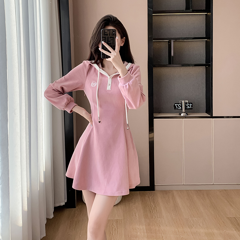 晗丽2024秋季学院风连帽卫衣裙针织连衣裙新款短休闲减龄短裙