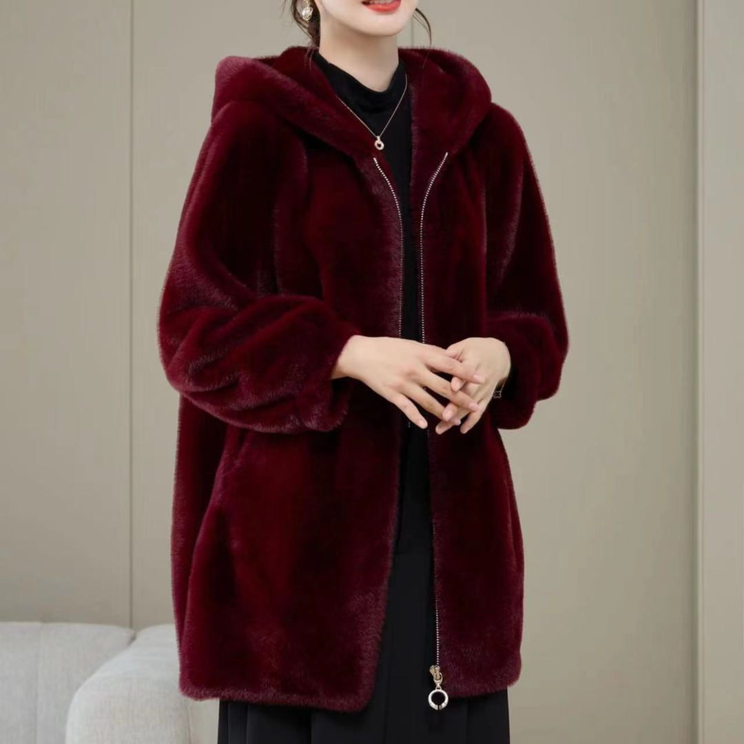 5395水貂绒秋冬中老年女皮毛一体外套大码连帽宽松上衣毛呢外套