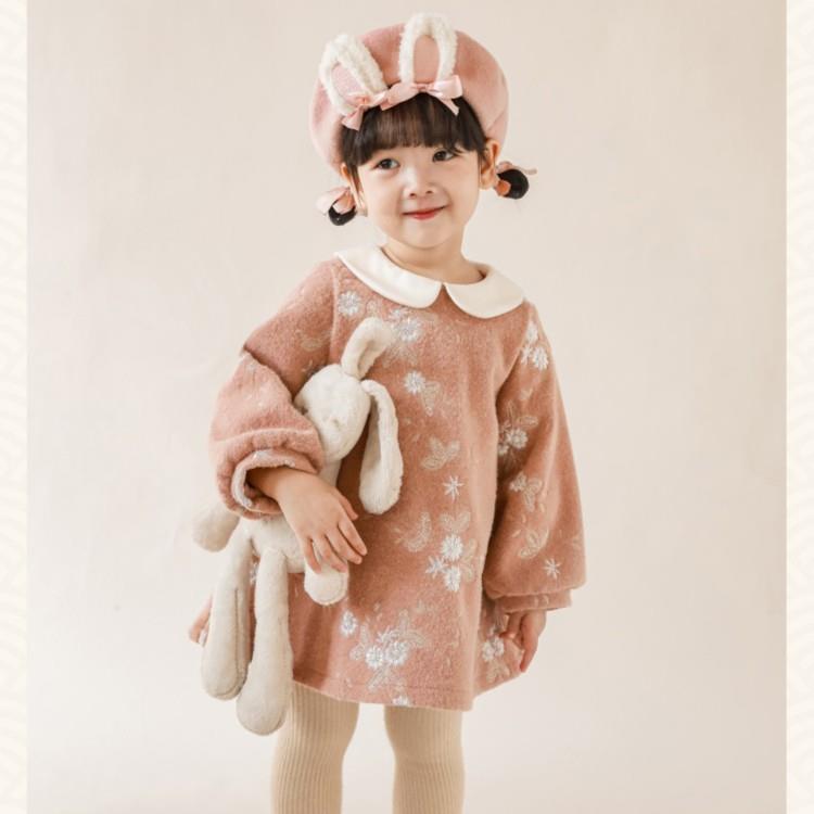 YOEHYAUL/幼悠女童撞色娃娃领加厚秋冬保暖公主碎花连衣裙 D2386