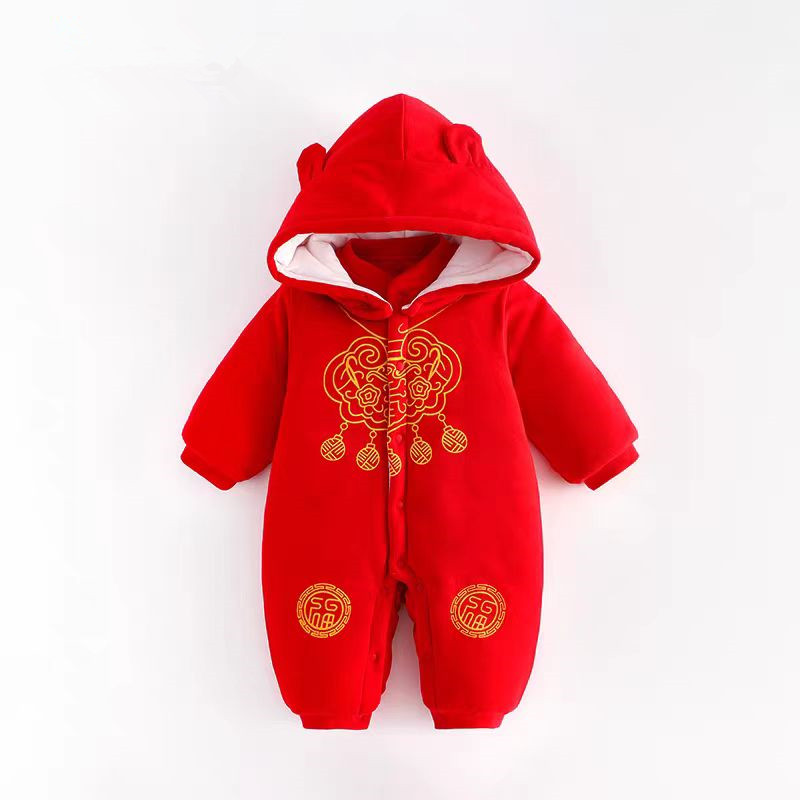 婴儿冬季连体衣150克夹棉满月百天周岁礼服纯棉宝宝拜年拍照衣服