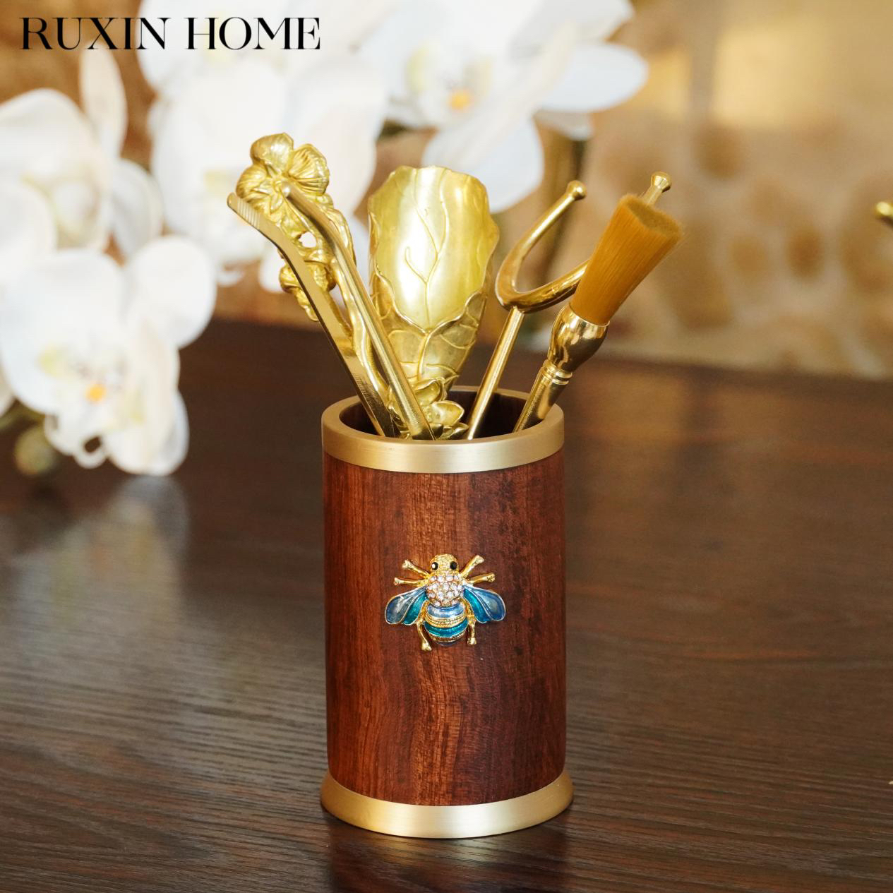 如馨家居 黄铜茶道六君子茶刀壶叉茶洗茶勺收纳套装