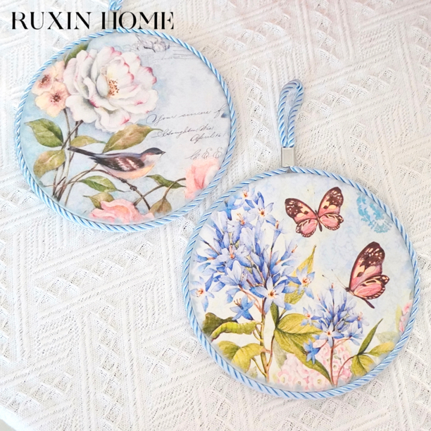 RUXINHOME 蝶恋花高温陶瓷锅垫花鸟蝶隔热垫杯垫厨房客厅桌面摆件