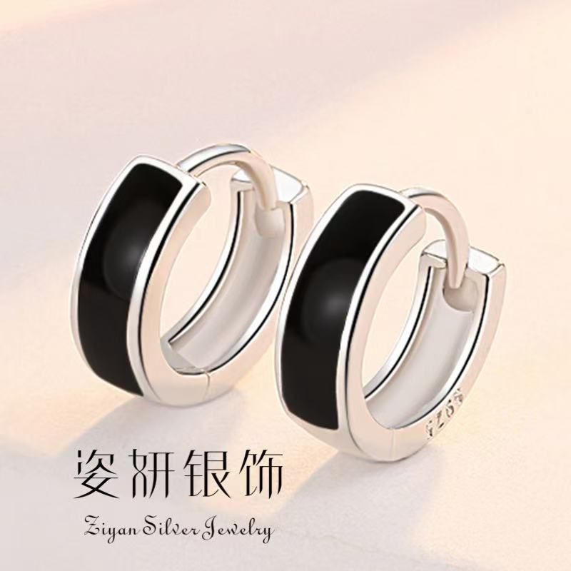 925银耳饰 黑色高级感时尚耳圈925纯银气质耳环男女简约百搭耳环