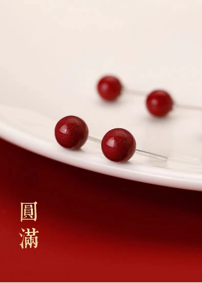 含辰砂工艺品本命年气质耳钉辰砂耳环足银银针养耳钉简约百搭红火